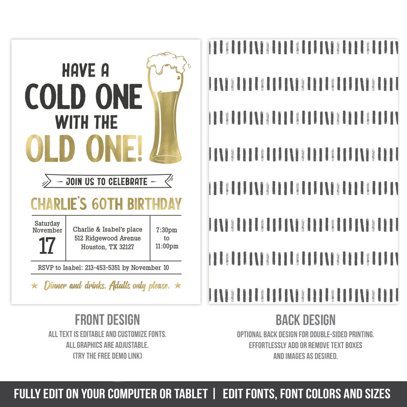 Editable Beer Theme 60th Birthday Invitation Template. Have A Cold One Digital Party Invite