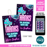 Roller Skating Birthday Favor Gift Tags. EDITABLE Roller Skate Party Thank You Tags. Neon Glow ROL1