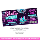 Ice Skating Birthday Invitation Ticket. Editable Ice Skate Disco Ball Party Invite, Neon Glow