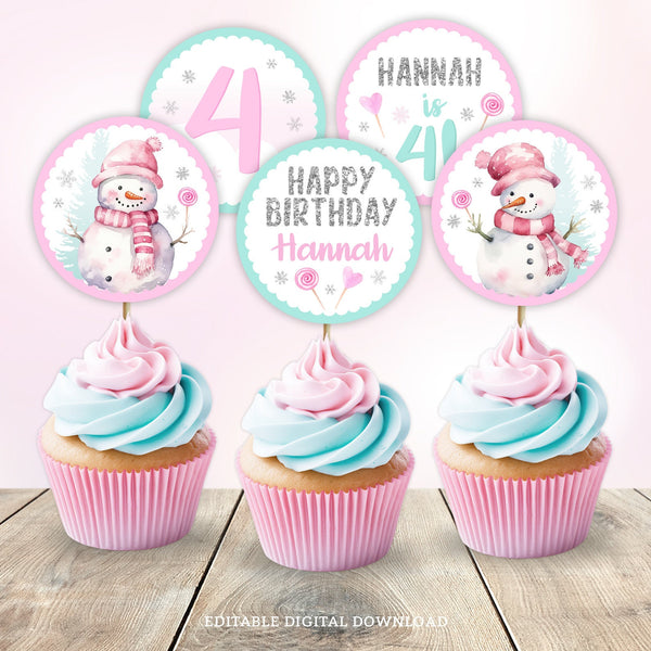 Add a touch of whimsy with these Winter Snow cupcake toppers in pink and glitter silver, with cute snowmen and candy lollipops. Perfect for Winter Wonderland birthday decorations.  Instant Download and Editable in Corjl. By Tangled Tulip Designs.