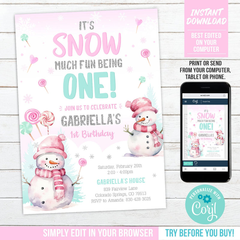 Snow First Birthday Invitation. Editable Winter Snowman 1st Birthday Invite for Girl