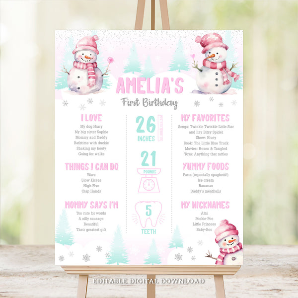 This editable first birthday milestone poster sign in a charming Winter theme, is adorned with adorable snowmen frolicking in the snow! In a pretty watercolor design, accented with glitter silver, this is the perfect addition to her Winter-themed first birthday decorations.