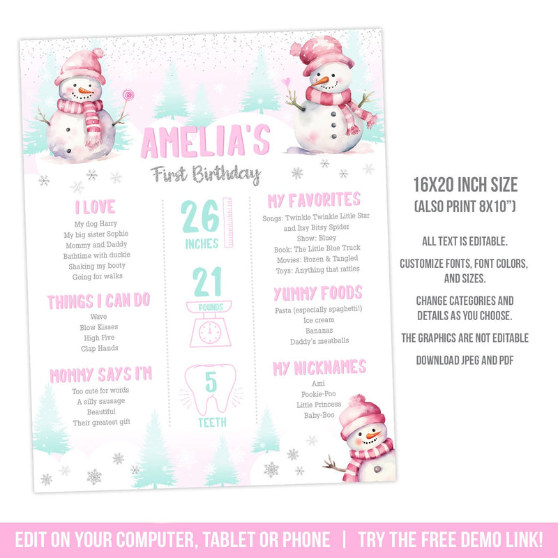 First Birthday Milestones Poster Sign Editable Winter Snowman 1st Birthday Template