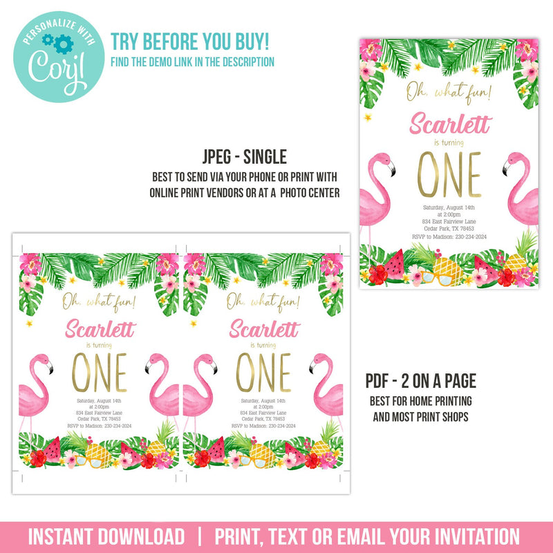 Flamingo First Birthday Invitation. Oh What Fun It Is Turning One 1st Party EDITABLE Invite TR1