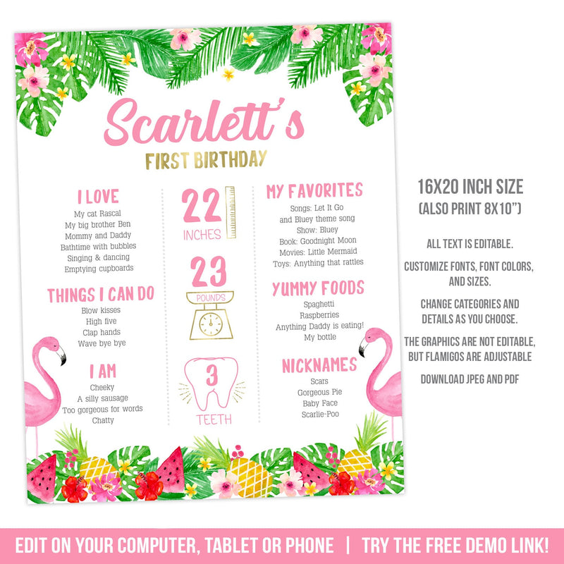 EDITABLE First Birthday Milestones Poster. Tropical Flamingo 1st Birthday Milestone Sign TR1