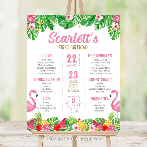 Dive into the memories with this Tropical First Birthday Milestone Poster Sign!  Featuring charming pink flamingos, lush tropical leaves, flowers, and fruity delights in a pretty watercolor design with elegant gold accents. This sign captures all the precious moments of your little one's journey in their first year.