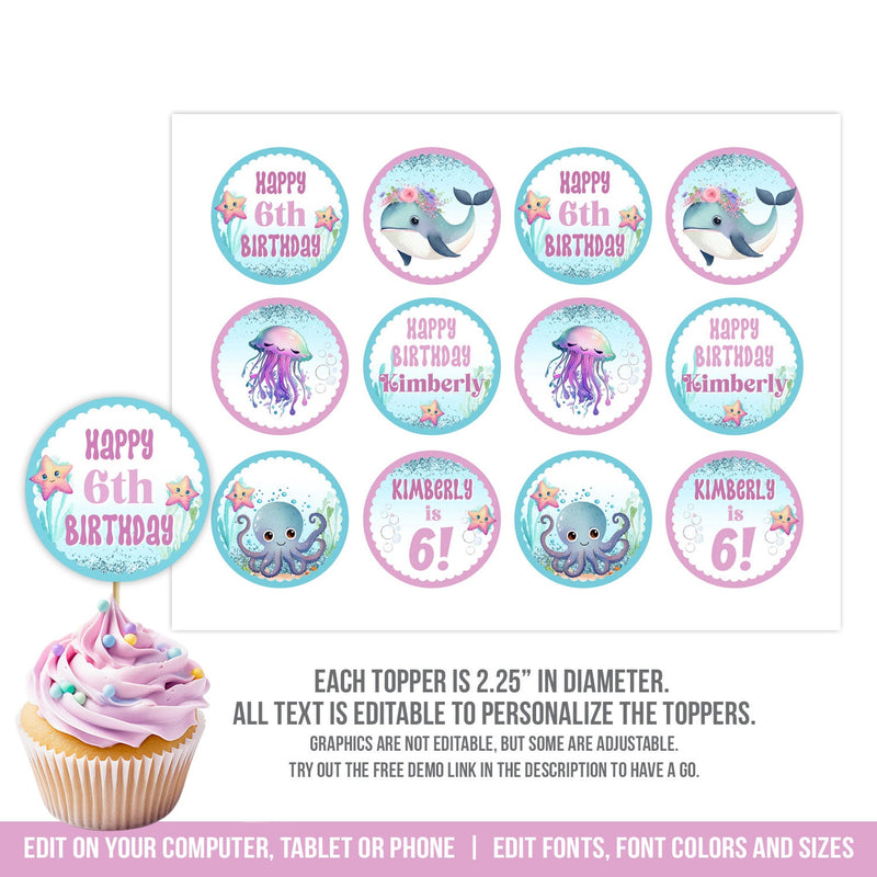 Under the Sea Cupcake Toppers. EDITABLE Girl Sea Creatures Party Decoration. Whale Starfish Digital Download US1