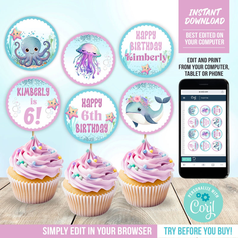 Under the Sea Cupcake Toppers. EDITABLE Girl Sea Creatures Party Decoration. Whale Starfish Digital Download US1