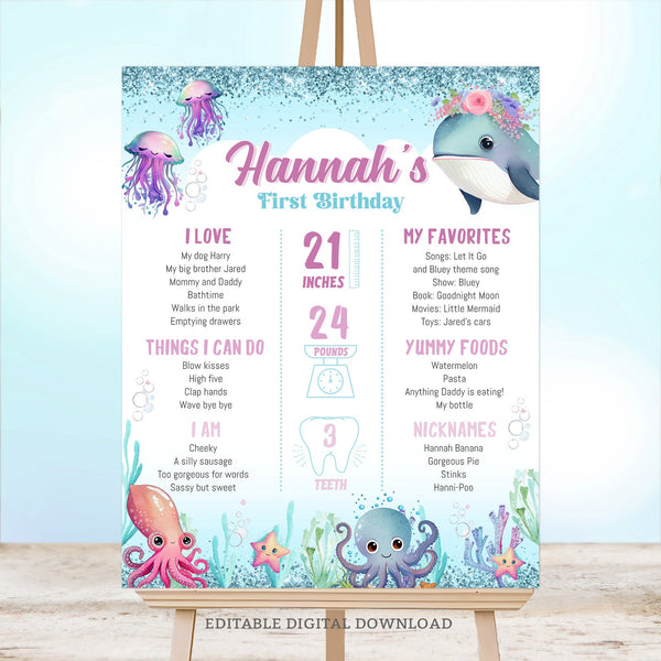 Dive into the memories! Celebrate your little one's first year Under the Sea with this adorable Milestone Poster Sign. Featuring whimsical whales, playful jellyfish, and charming starfish in a delightful blue and purple watercolor design, this sign captures all the precious moments of their journey.