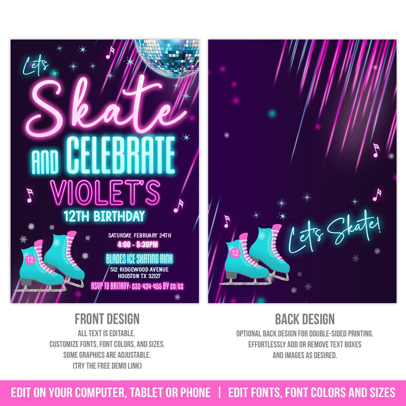 Ice Skating Birthday Invitation. EDITABLE Skate and Celebrate Girls Ice Skate Party Invite ICE1