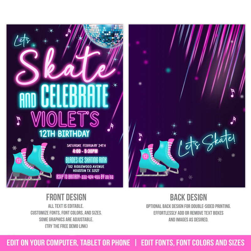 Editable Ice Skating Birthday Invitation, Girl Ice Skate Party Digital Invite Template