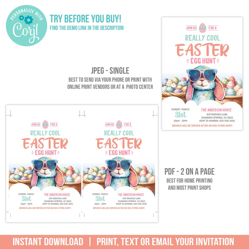 Easter Invitation. EDITABLE Cool Easter Egg Hunt Invite. Easter Bunny in Sunglasses EAS1