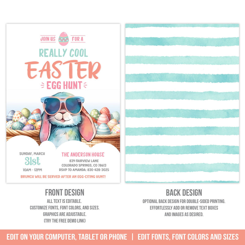 Easter Invitation. EDITABLE Cool Easter Egg Hunt Invite. Easter Bunny in Sunglasses EAS1