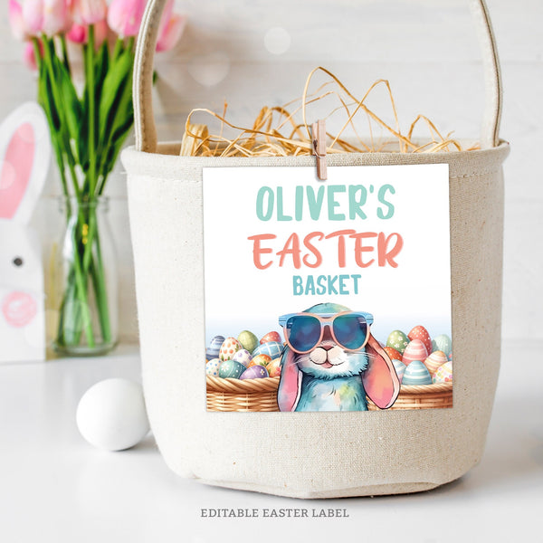 Get the Easter baskets ready with these fun editable name labels, featuring a cool Easter bunny in sunglasses and lots and lots of Easter eggs! Instant Download and Editable in Corjl. By Tangled Tulip Designs.