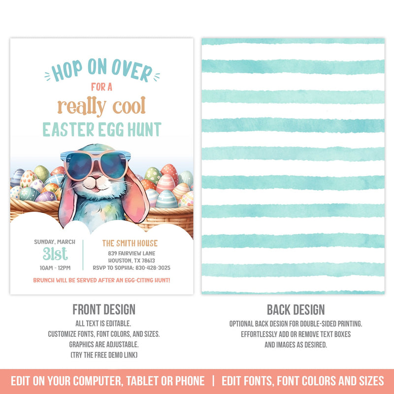 Cool Easter Egg Hunt Invitation. EDITABLE Invite Easter Bunny in Sunglasses EAS1