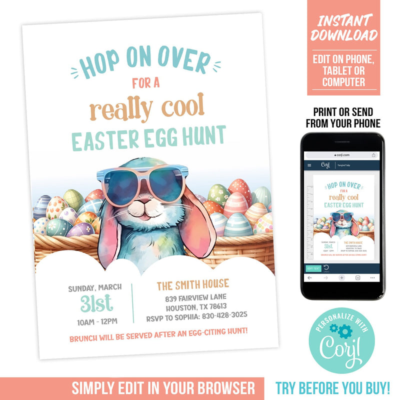 Cool Easter Egg Hunt Invitation. EDITABLE Invite Easter Bunny in Sunglasses EAS1
