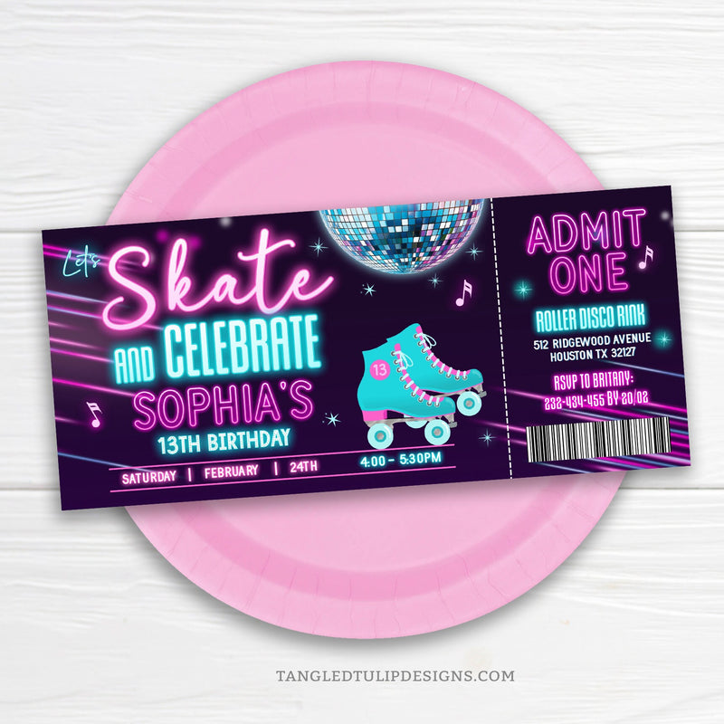 Grab your ticket and get ready to roll! Step into the neon glow with our editable Roller Skating Birthday Invitation Ticket, featuring roller skates, a dazzling disco glitter ball, and sparkling accents. Let's Skate and Celebrate her Birthday in style! Tangled Tulip Designs - Birthday Invitations