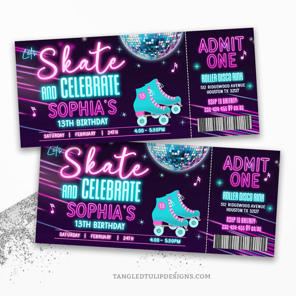 Grab your ticket and get ready to roll! Step into the neon glow with our editable Roller Skating Birthday Invitation Ticket, featuring roller skates, a dazzling disco glitter ball, and sparkling accents. Let's Skate and Celebrate her Birthday in style! Tangled Tulip Designs - Birthday Invitations