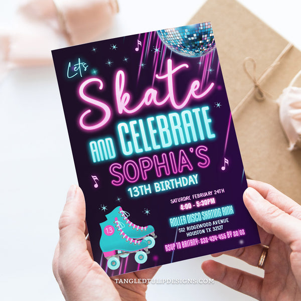This editable Roller Skating Birthday Invitation is bursting with neon glow and disco vibes, featuring roller skates, a glittering disco ball, and sparkling excitement! Lace up your skates and get ready to groove! Tangled Tulip Designs - Birthday Invitations