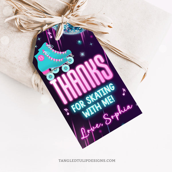 These editable Roller Skating Birthday favor gift tags add a pop of neon glow to your party favors. Featuring roller skates, a dazzling disco glitter ball and sparkling accents! Instant Download and Editable in Corjl. By Tangled Tulip Designs.