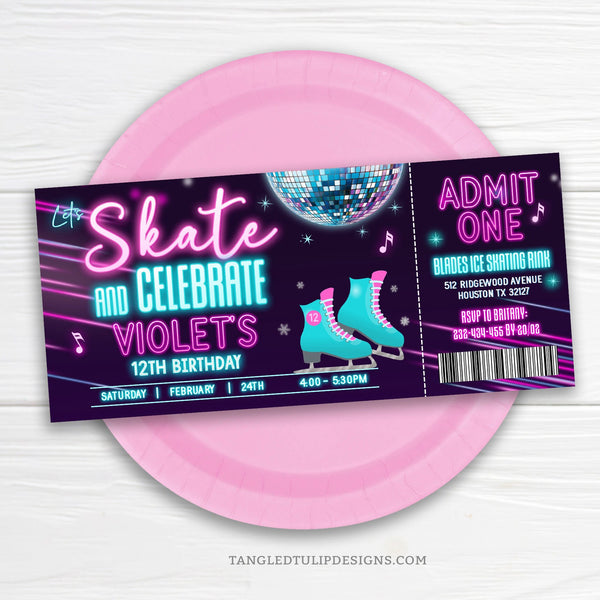 Grab your ticket and get ready to skate! Step into the neon glow with our editable Ice Skating Birthday Invitation Ticket, featuring ice skates, a dazzling disco glitter ball, and sparkling accents. Let's Skate and Celebrate her Birthday in style! Tangled Tulip Designs - Birthday Invitations