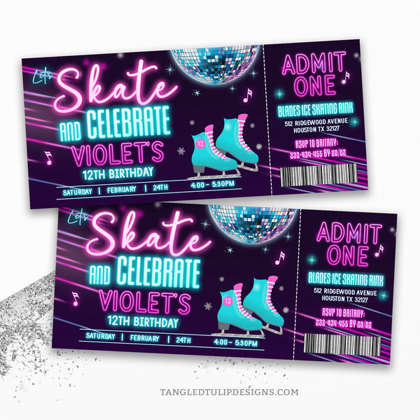 Grab your ticket and get ready to skate! Step into the neon glow with our editable Ice Skating Birthday Invitation Ticket, featuring ice skates, a dazzling disco glitter ball, and sparkling accents. Let's Skate and Celebrate her Birthday in style!