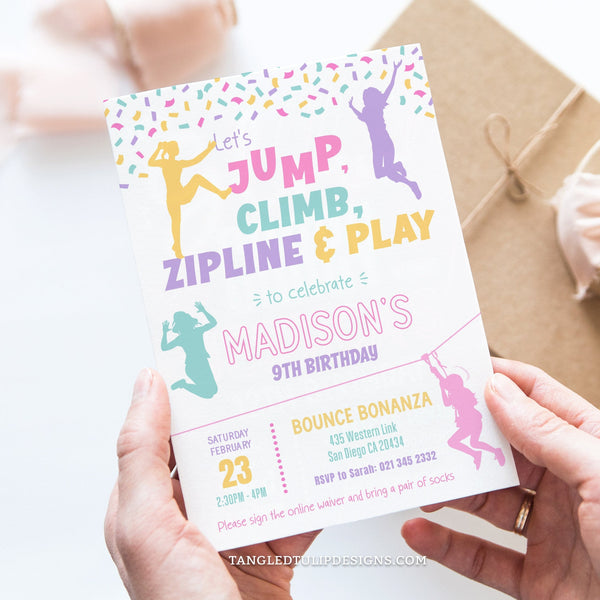 Jump, Climb, Zipline & Play Birthday Invitation for girls in a pretty pastel color scheme. With confetti and a climber, jumpers and a girl whizzing past on a zipline. Tangled Tulip Designs - Birthday Invitations