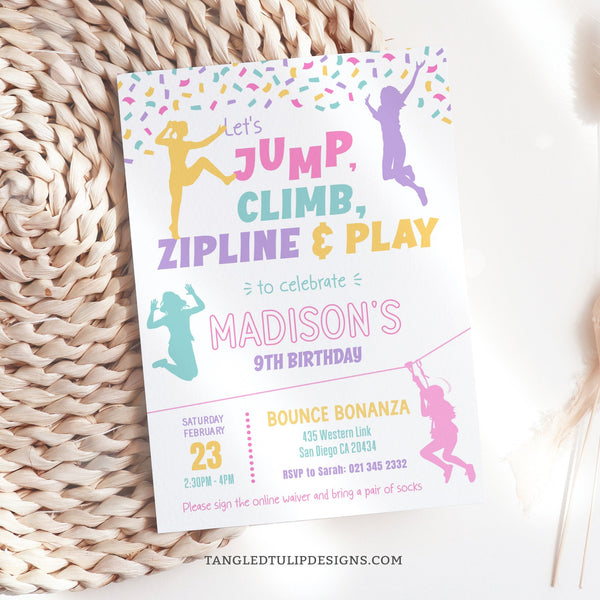 Jump, Climb, Zipline & Play Birthday Invitation for girls in a pretty pastel color scheme. With confetti and a climber, jumpers and a girl whizzing past on a zipline. Tangled Tulip Designs - Birthday Invitations